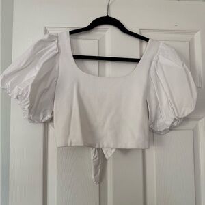 Endless Rose | White Puff-Sleeve Crop Top w/ Tie Back (Size Medium)